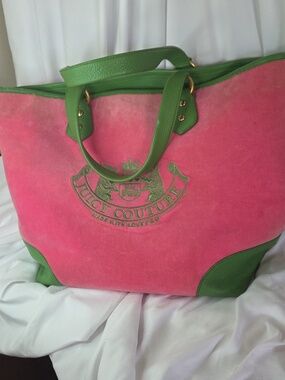 Juicy Couture Pink Velour Tote with Green Leather Trim Vintage Y2k Fair See 👇🏽